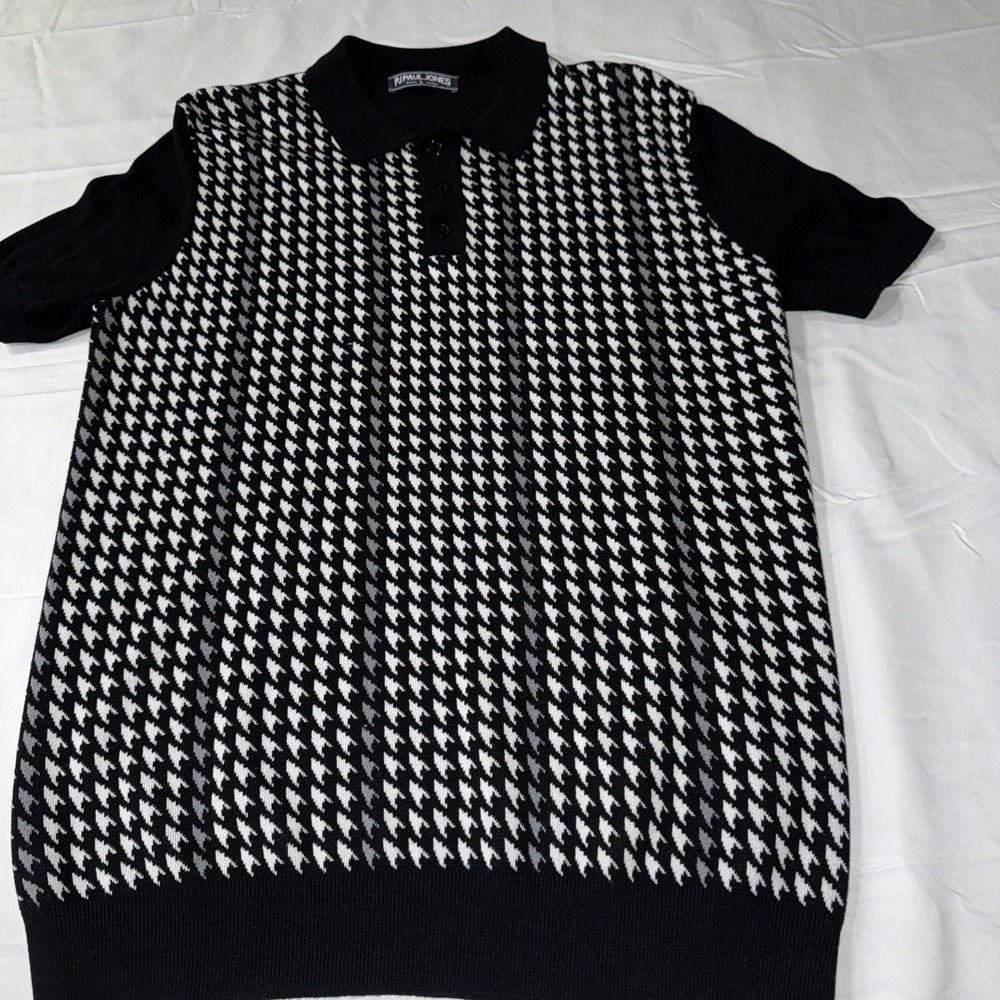 Paul Jones Mens Sz L Shirt Houndstooth SS Retro Style Golf Polo Top Sweater Bowl